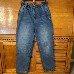 Forever 21 High Ruffled Waist Tapered Leg Medium Wash Distressed Mom Jeans
